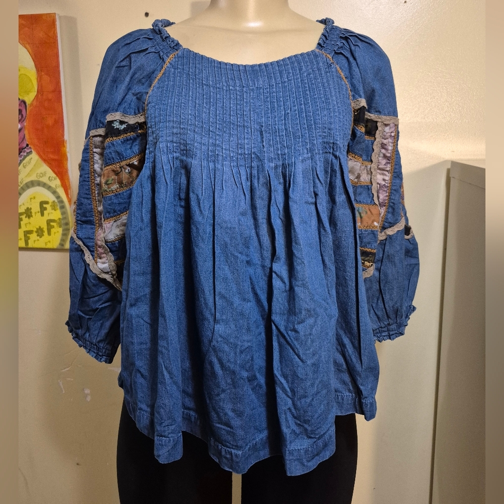 Seen Worn Kept Ballon Patchwork Sleeves Denim Blouse 4